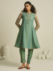 Teal Green Embroidered Kurta Pant Set with Sheer Sleeves