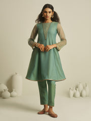 Teal Green Embroidered Kurta Pant Set with Sheer Sleeves