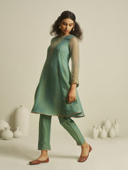 Teal Green Embroidered Kurta Pant Set with Sheer Sleeves