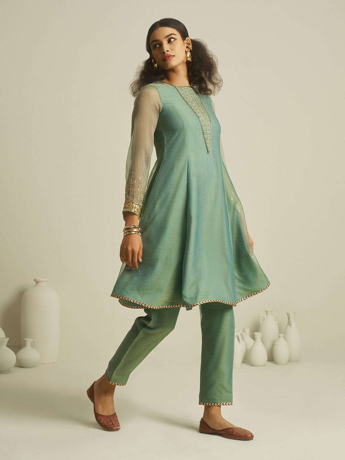 Teal Green Embroidered Kurta Pant Set with Sheer Sleeves
