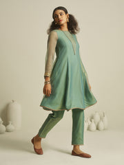 Teal Green Embroidered Kurta Pant Set with Sheer Sleeves