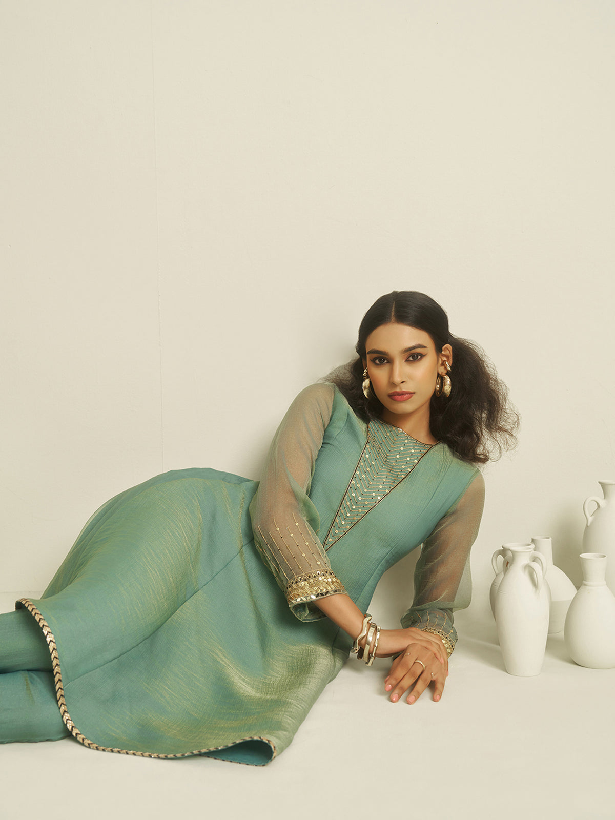 Teal Green Embroidered Kurta Pant Set with Sheer Sleeves