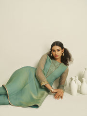 Teal Green Embroidered Kurta Pant Set with Sheer Sleeves