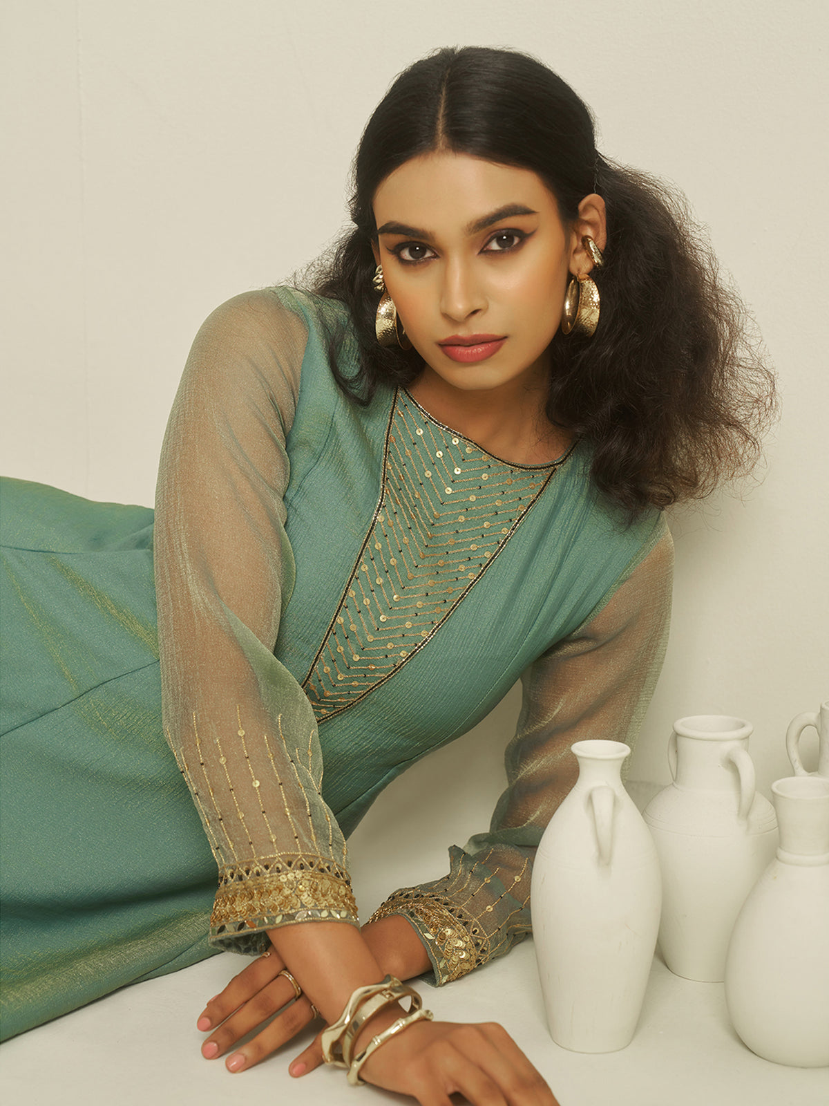 Teal Green Embroidered Kurta Pant Set with Sheer Sleeves