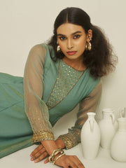 Teal Green Embroidered Kurta Pant Set with Sheer Sleeves