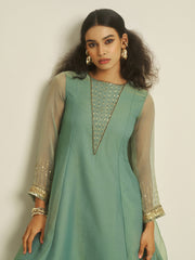 Teal Green Embroidered Kurta Pant Set with Sheer Sleeves