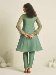 Teal Green Embroidered Kurta Pant Set with Sheer Sleeves
