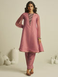 Dusty Pink Embroidered Kurta Pant Set with Sheer Sleeves