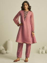 Dusty Pink Embroidered Kurta Pant Set with Sheer Sleeves
