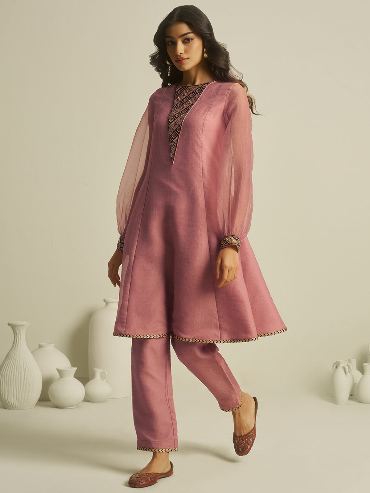 Dusty Pink Embroidered Kurta Pant Set with Sheer Sleeves