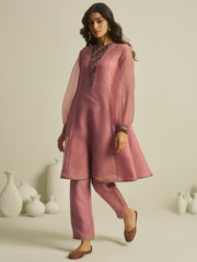 Dusty Pink Embroidered Kurta Pant Set with Sheer Sleeves