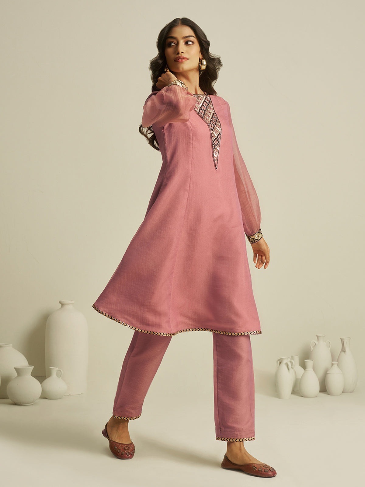 Dusty Pink Embroidered Kurta Pant Set with Sheer Sleeves