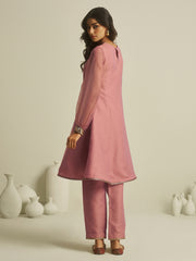 Dusty Pink Embroidered Kurta Pant Set with Sheer Sleeves