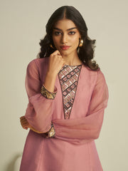 Dusty Pink Embroidered Kurta Pant Set with Sheer Sleeves
