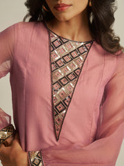 Dusty Pink Embroidered Kurta Pant Set with Sheer Sleeves