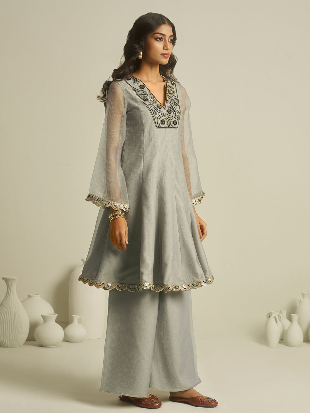 Sage Grey Embroidered Kurta Palazzo Set with Lace Detailing