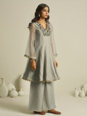 Sage Grey Embroidered Kurta Palazzo Set with Lace Detailing