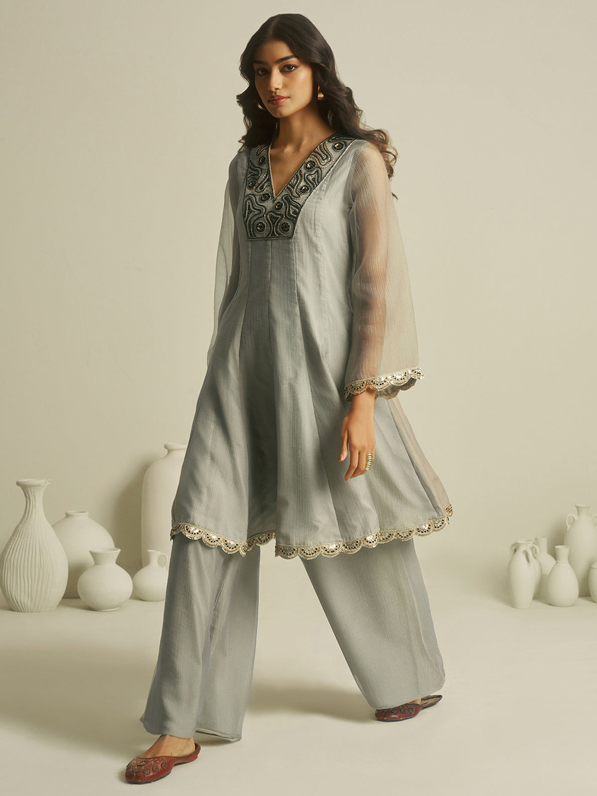 Sage Grey Embroidered Kurta Palazzo Set with Lace Detailing