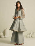 Sage Grey Embroidered Kurta Palazzo Set with Lace Detailing
