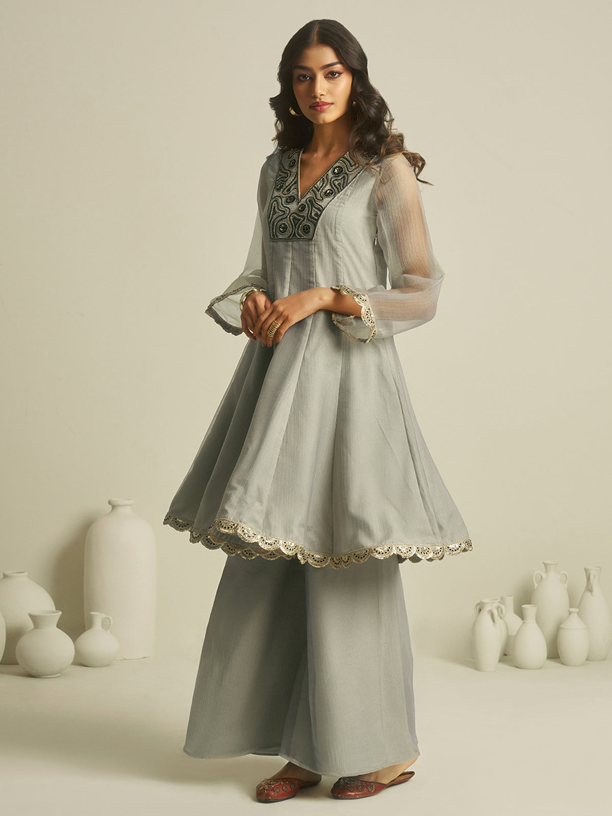 Sage Grey Embroidered Kurta Palazzo Set with Lace Detailing