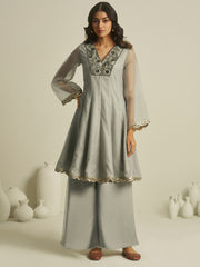 Sage Grey Embroidered Kurta Palazzo Set with Lace Detailing