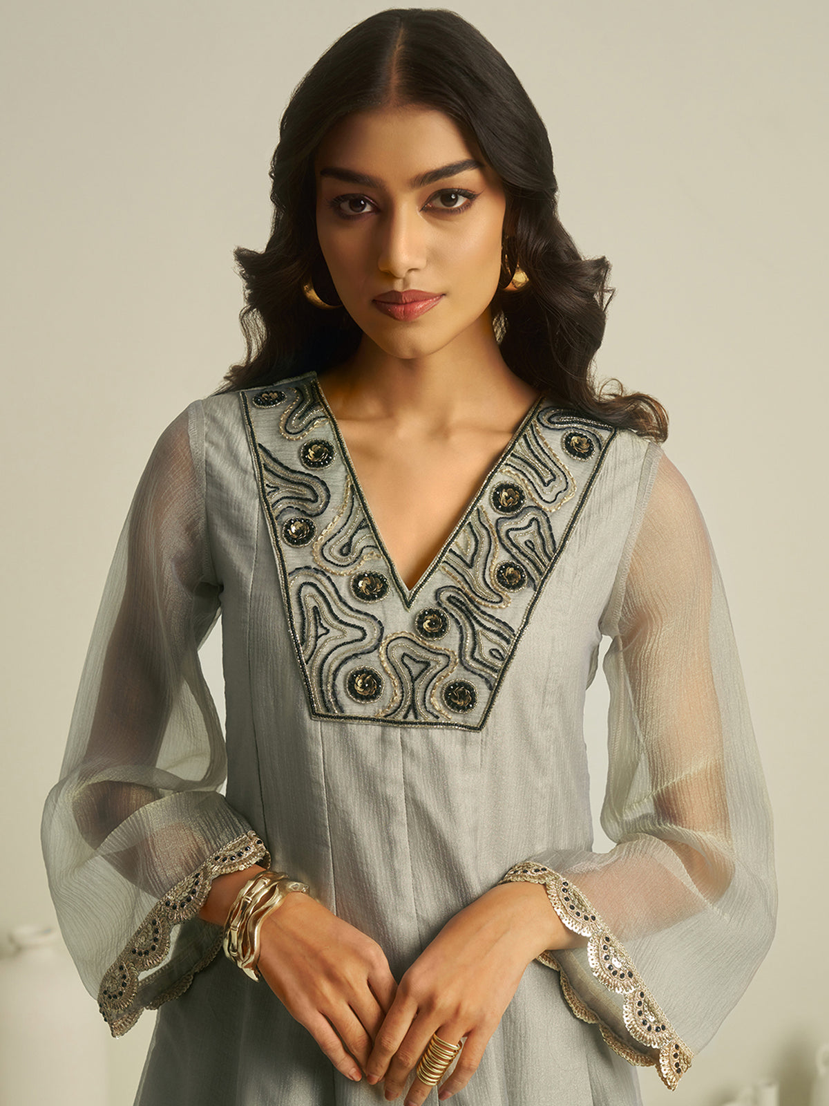 Sage Grey Embroidered Kurta Palazzo Set with Lace Detailing