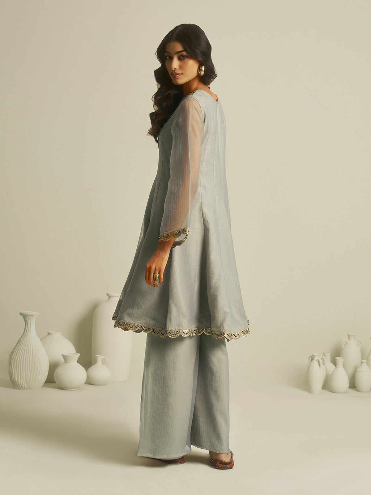 Sage Grey Embroidered Kurta Palazzo Set with Lace Detailing