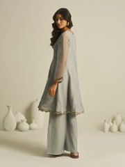Sage Grey Embroidered Kurta Palazzo Set with Lace Detailing
