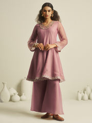 Sage Grey Embroidered Kurta Palazzo Set with Lace Detailing