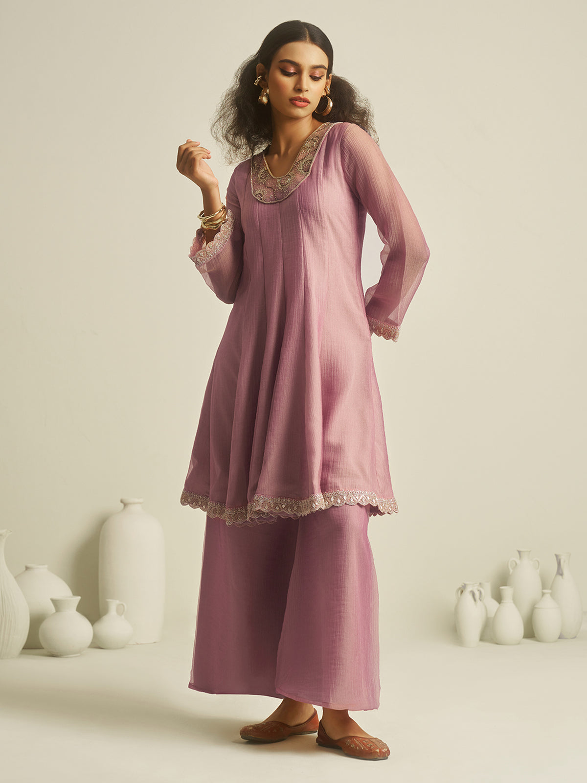 Sage Grey Embroidered Kurta Palazzo Set with Lace Detailing