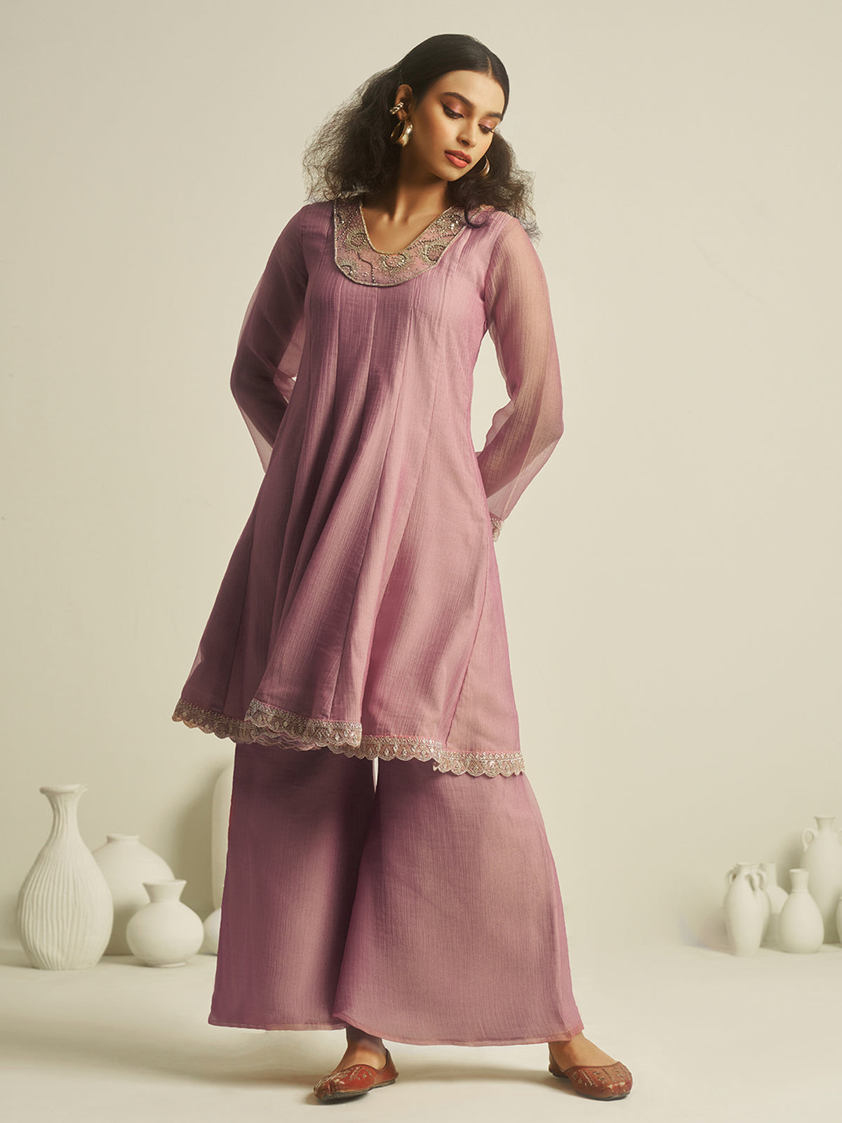 Sage Grey Embroidered Kurta Palazzo Set with Lace Detailing