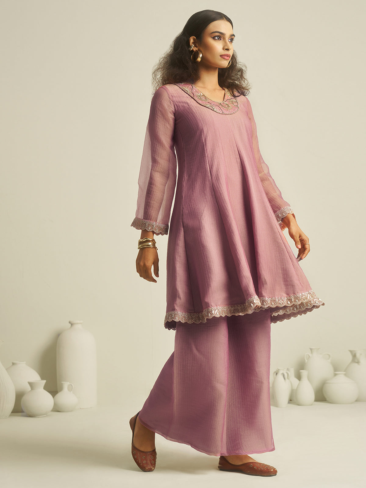 Sage Grey Embroidered Kurta Palazzo Set with Lace Detailing