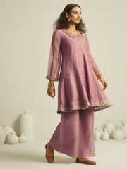 Sage Grey Embroidered Kurta Palazzo Set with Lace Detailing