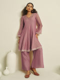 Sage Grey Embroidered Kurta Palazzo Set with Lace Detailing