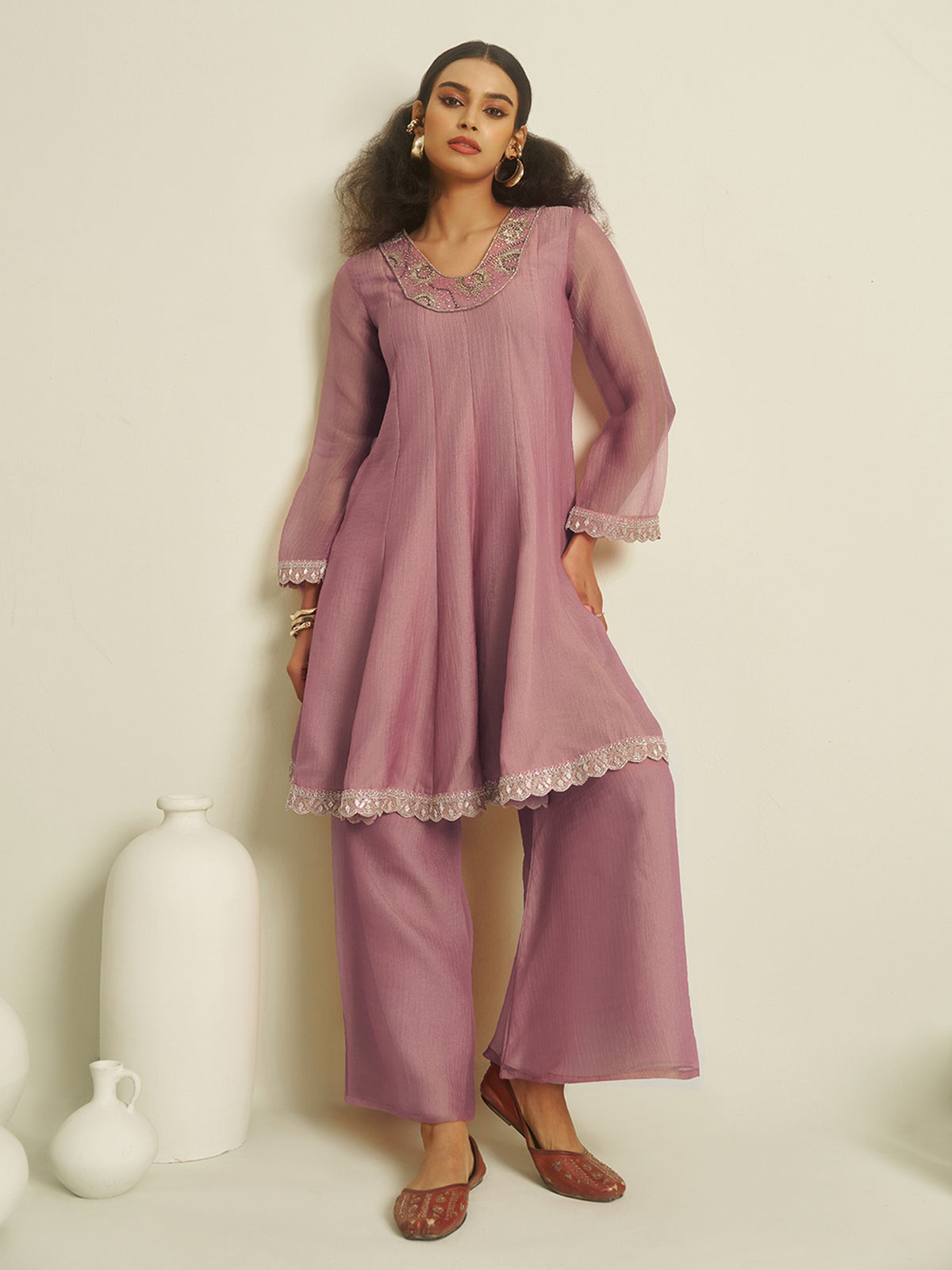Sage Grey Embroidered Kurta Palazzo Set with Lace Detailing