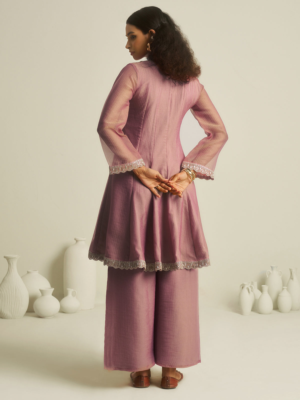 Sage Grey Embroidered Kurta Palazzo Set with Lace Detailing
