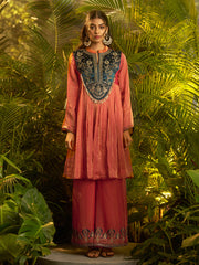 Coral Pink Embroidered Kurta Palazzo Set with Navy Blue Yoke