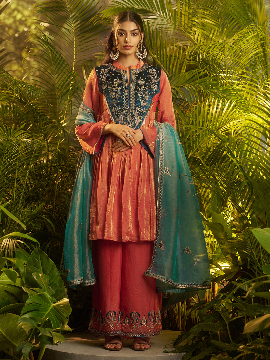 Coral Pink Embroidered Kurta Palazzo Set with Navy Blue Yoke
