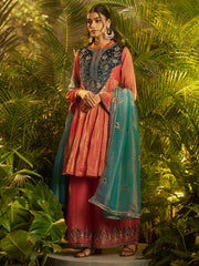 Coral Pink Embroidered Kurta Palazzo Set with Navy Blue Yoke