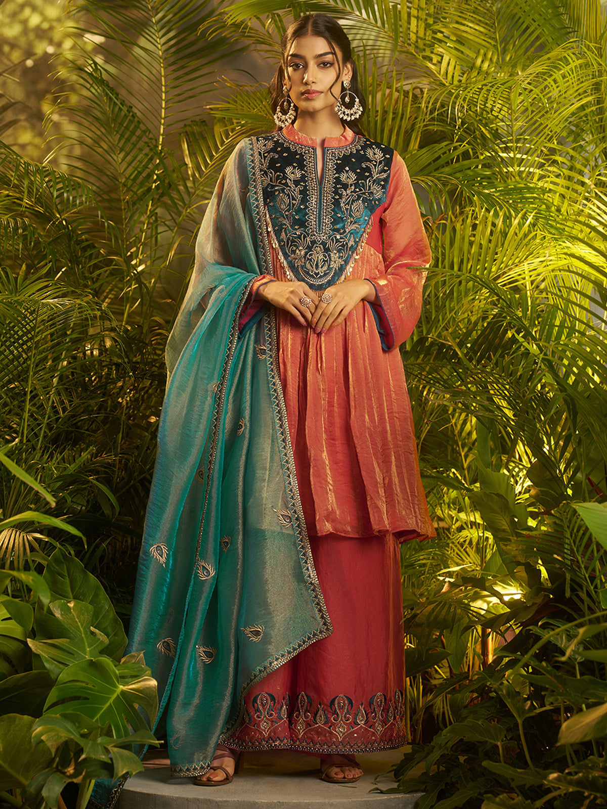 Coral Pink Embroidered Kurta Palazzo Set with Navy Blue Yoke