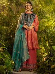 Coral Pink Embroidered Kurta Palazzo Set with Navy Blue Yoke