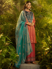 Coral Pink Embroidered Kurta Palazzo Set with Navy Blue Yoke
