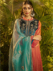 Coral Pink Embroidered Kurta Palazzo Set with Navy Blue Yoke