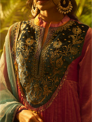 Coral Pink Embroidered Kurta Palazzo Set with Navy Blue Yoke