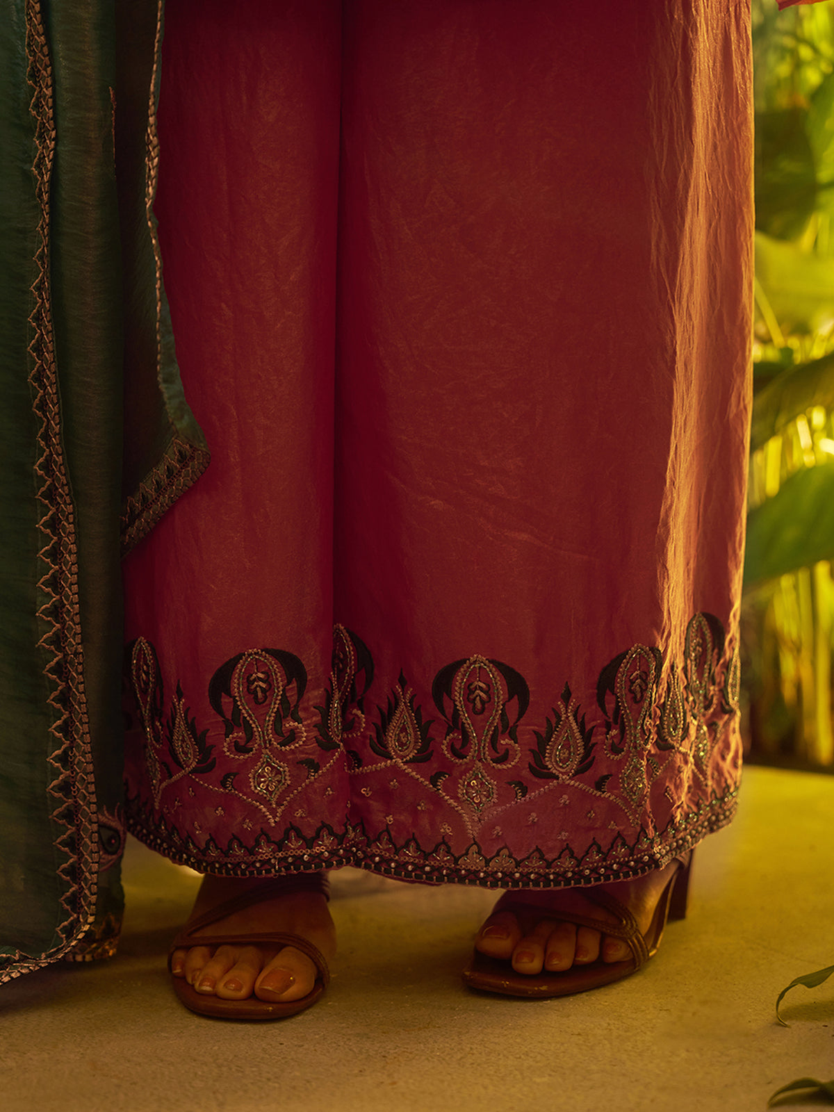 Coral Pink Embroidered Kurta Palazzo Set with Navy Blue Yoke