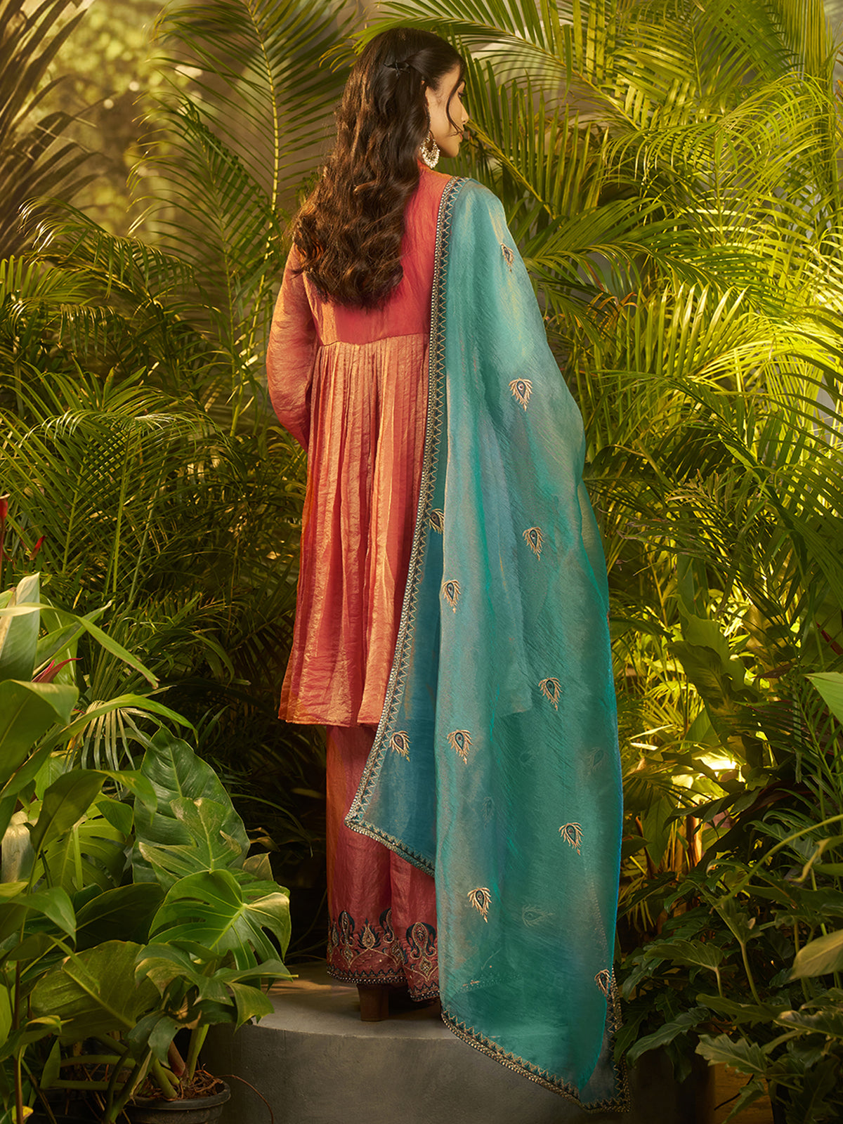 Coral Pink Embroidered Kurta Palazzo Set with Navy Blue Yoke