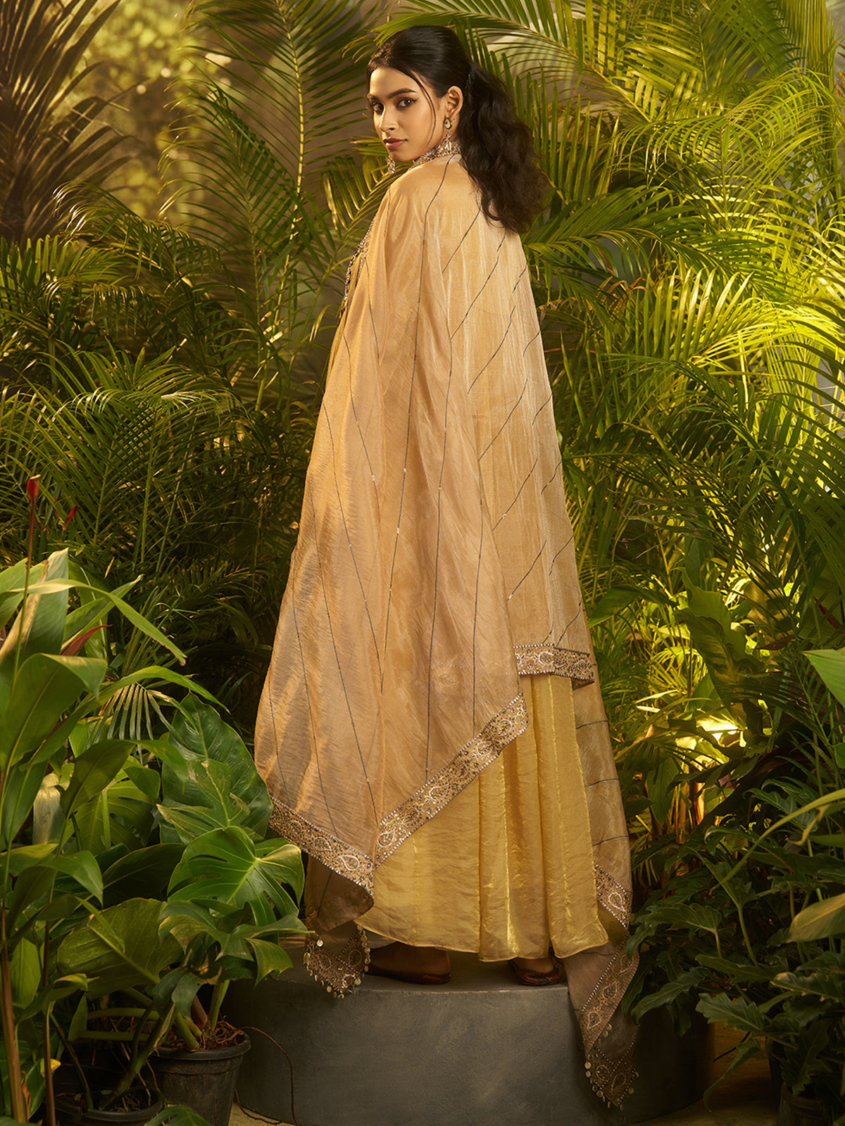 Golden Beige Embroidered Anarkali Suit with Black Designer Yoke & Dupatta