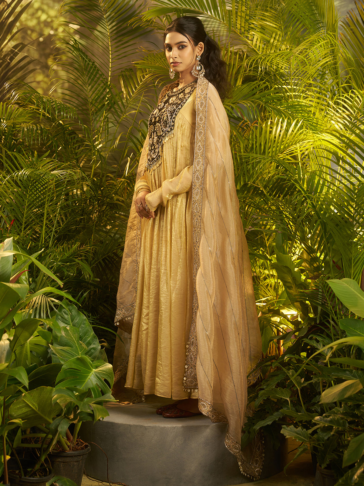 Golden Beige Embroidered Anarkali Suit with Black Designer Yoke & Dupatta