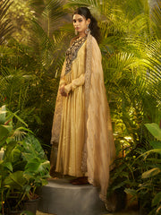 Golden Beige Embroidered Anarkali Suit with Black Designer Yoke & Dupatta