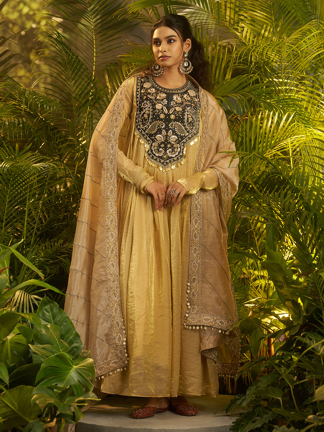 Golden Beige Embroidered Anarkali Suit with Black Designer Yoke & Dupatta